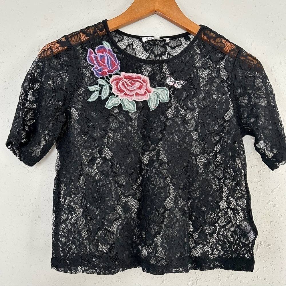 🦋 Love More Black Lace Crop Top Embroidered Rose Butterfly Medium